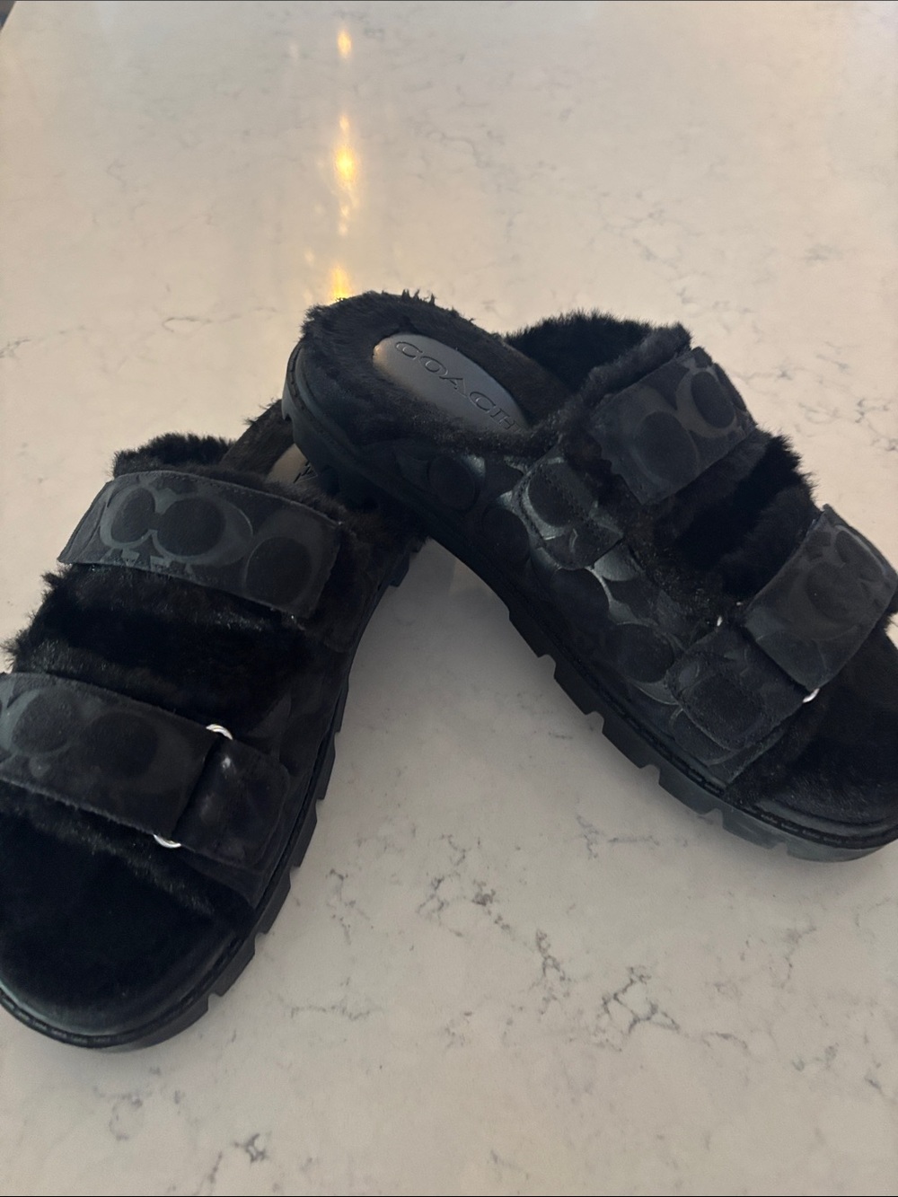 Coach Black Kids' Fuzzy Slide Sandals with Double Straps